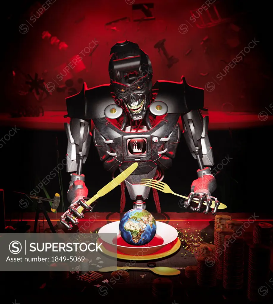 Evil robot eating globe