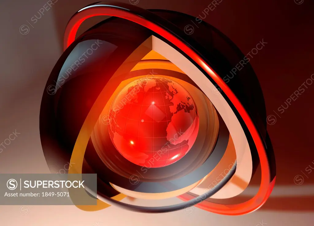 Abstract glowing red globe at core of concentric spheres