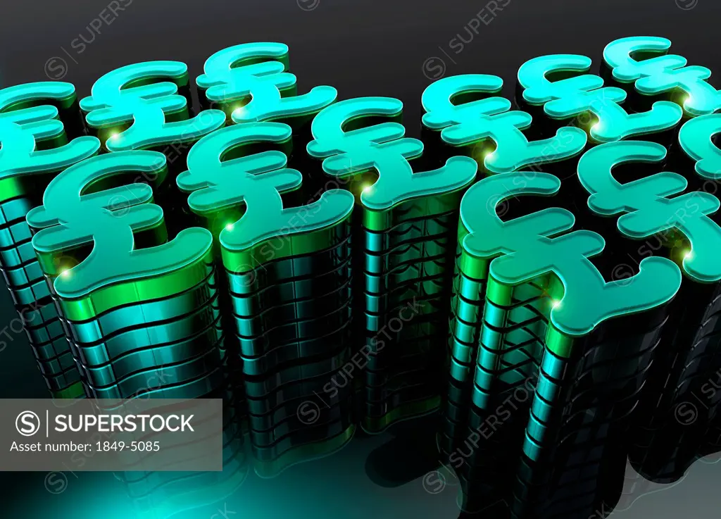 Stacks of green 3d British pound signs