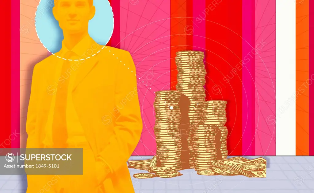 Businessman and stacks of coins