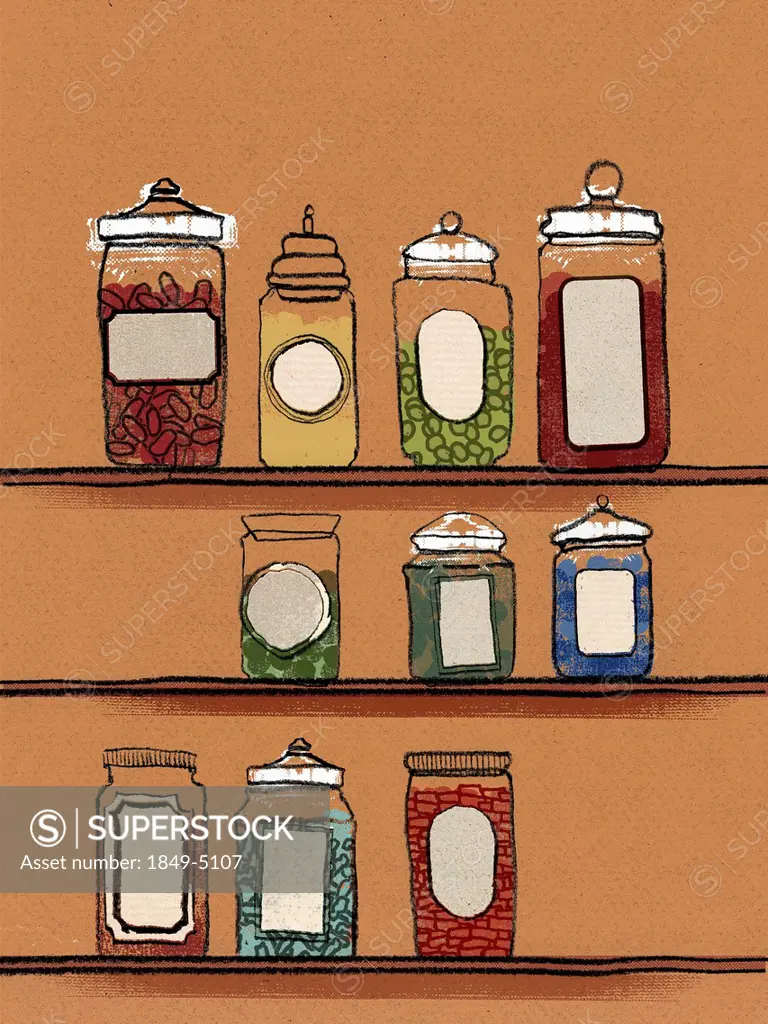 Variety of food in jars on shelves