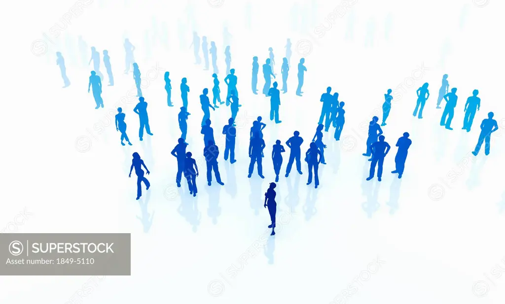 Silhouettes of crowd of blue people standing and walking on white background