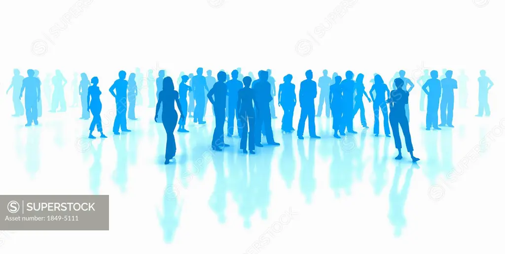 Silhouettes of crowd of blue people standing on white background