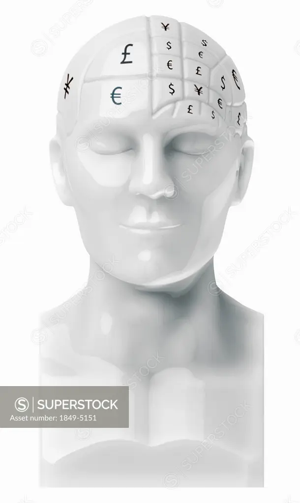 Currency symbols covering brain on bust