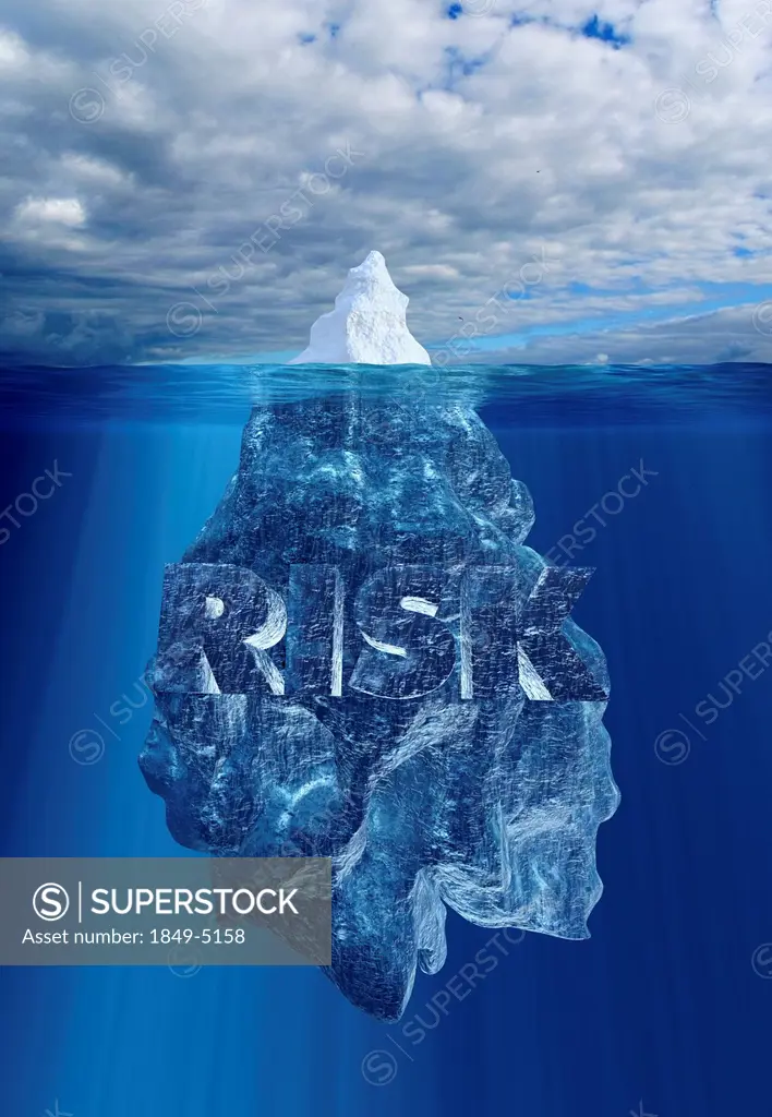 Iceberg above and below waterline and word ´risk´ underwater