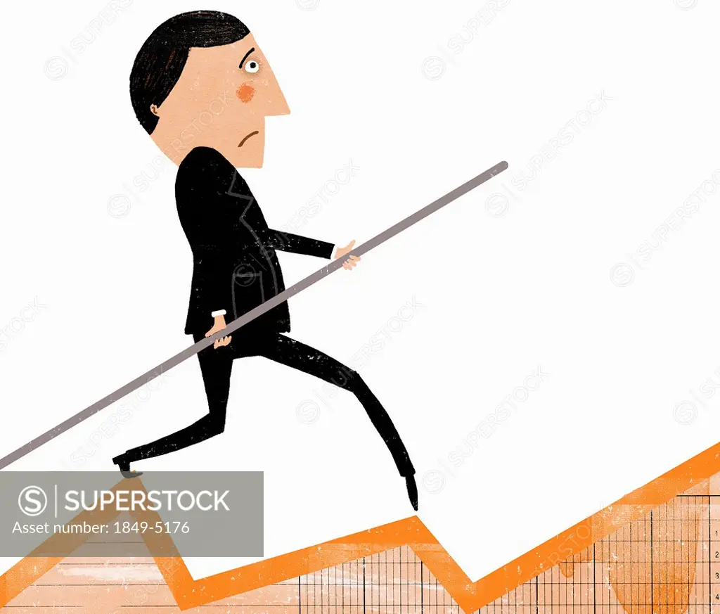 Worried businessman on tightrope chart