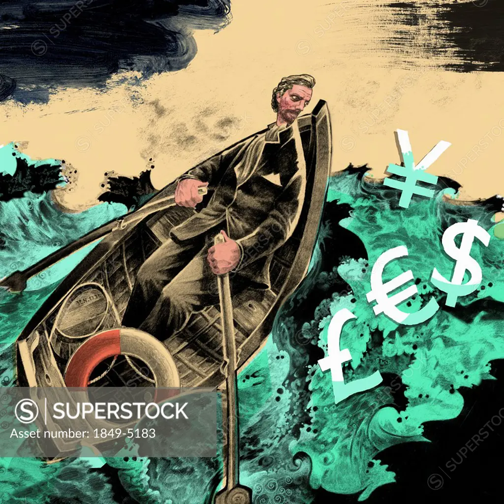 Man rowing boat in stormy ocean to rescue currency symbols