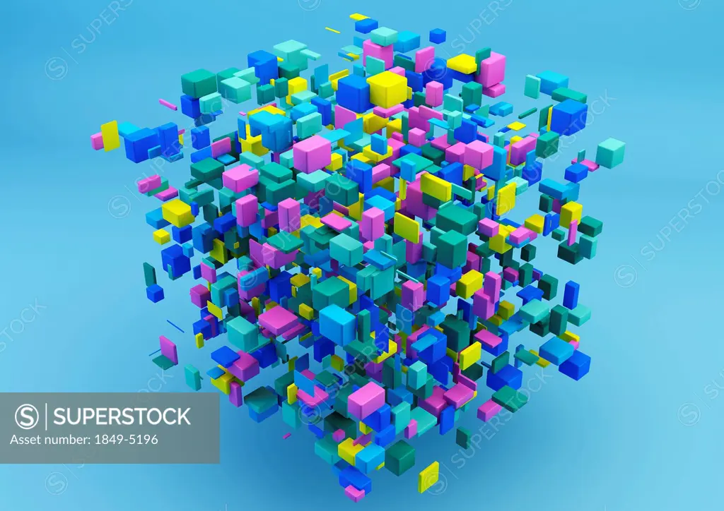Cluster of small multicolored floating blocks in large cube shape on blue background