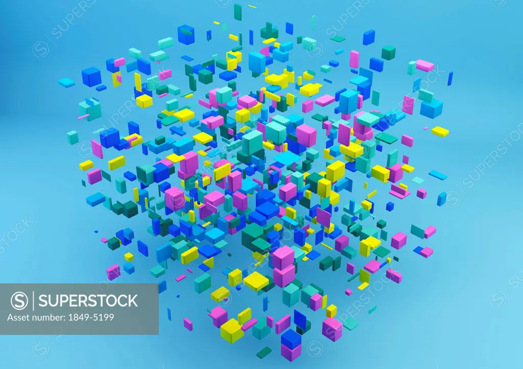 Cluster of small multicolored floating blocks in large cube shape on blue background