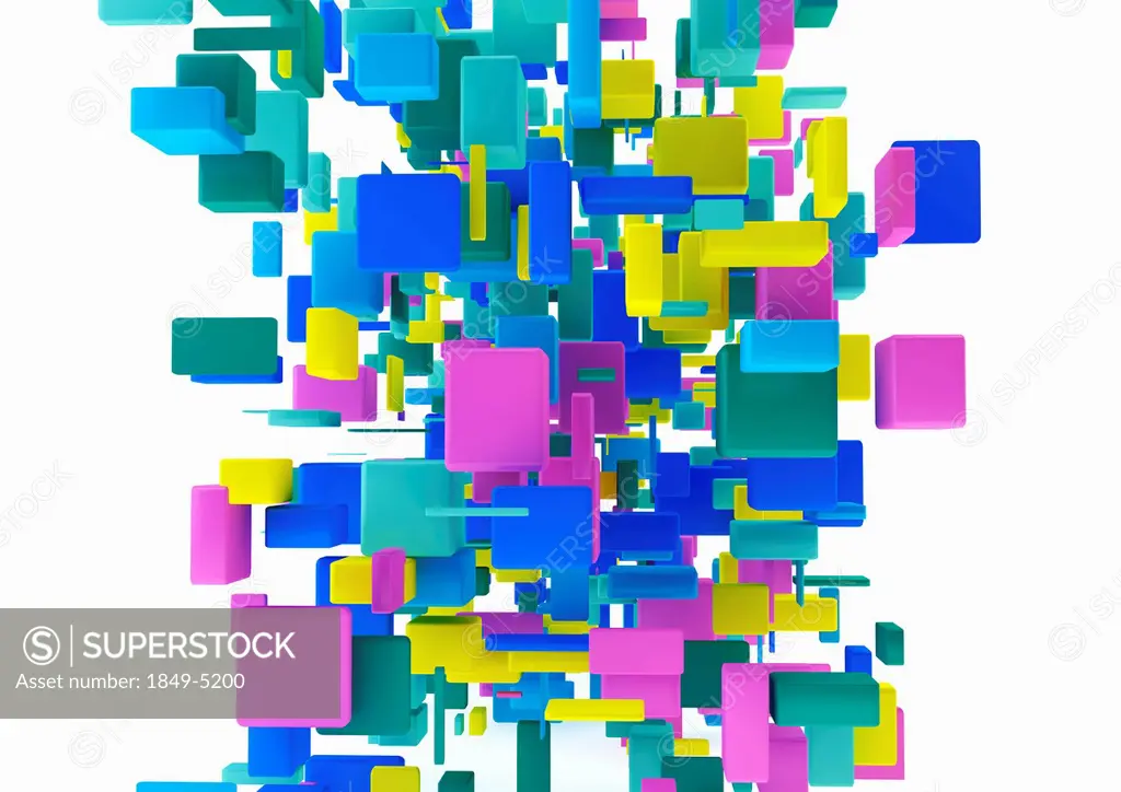 Abstract cluster of multicolored cubes on white background