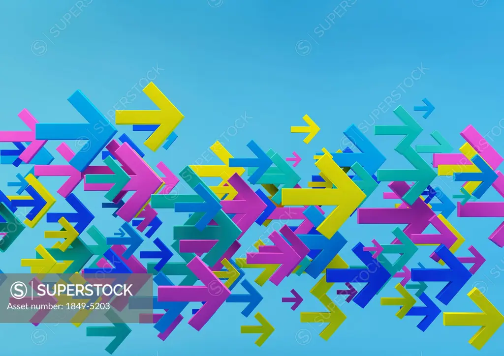 Cluster of multicolored arrows on blue background