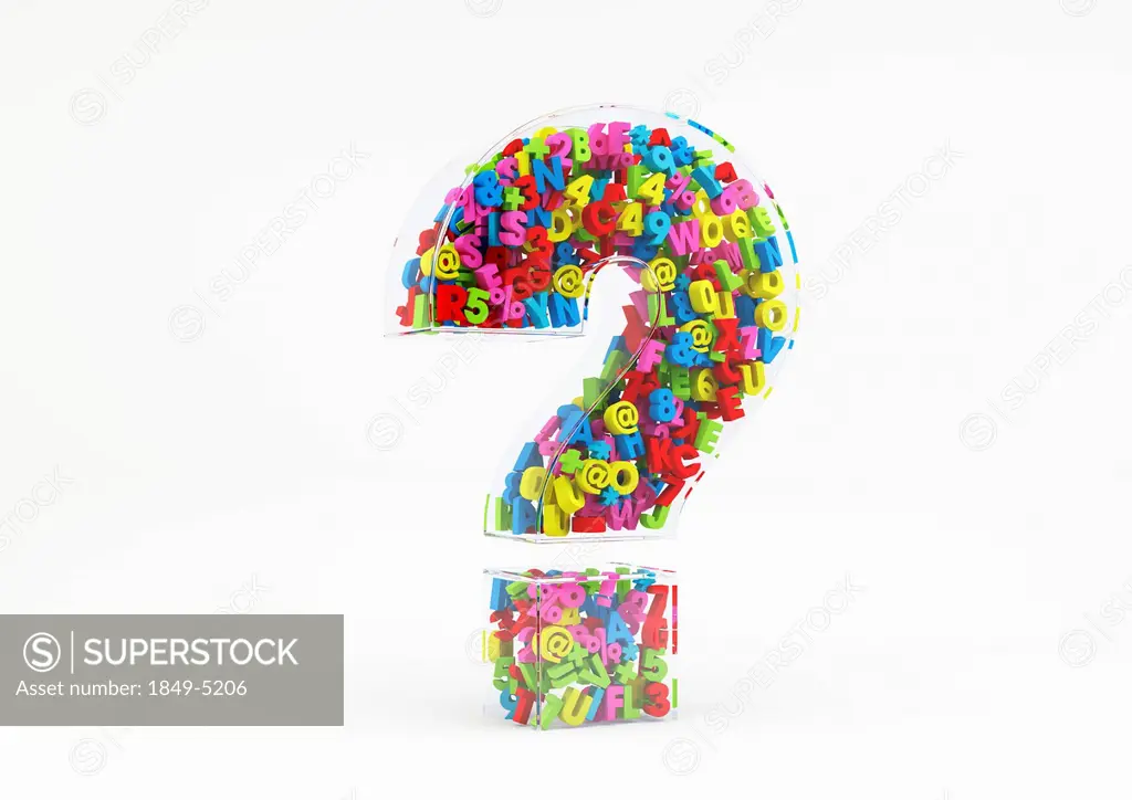 Cluster of multicolored letters numbers and symbols in transparent 3d question mark on white background