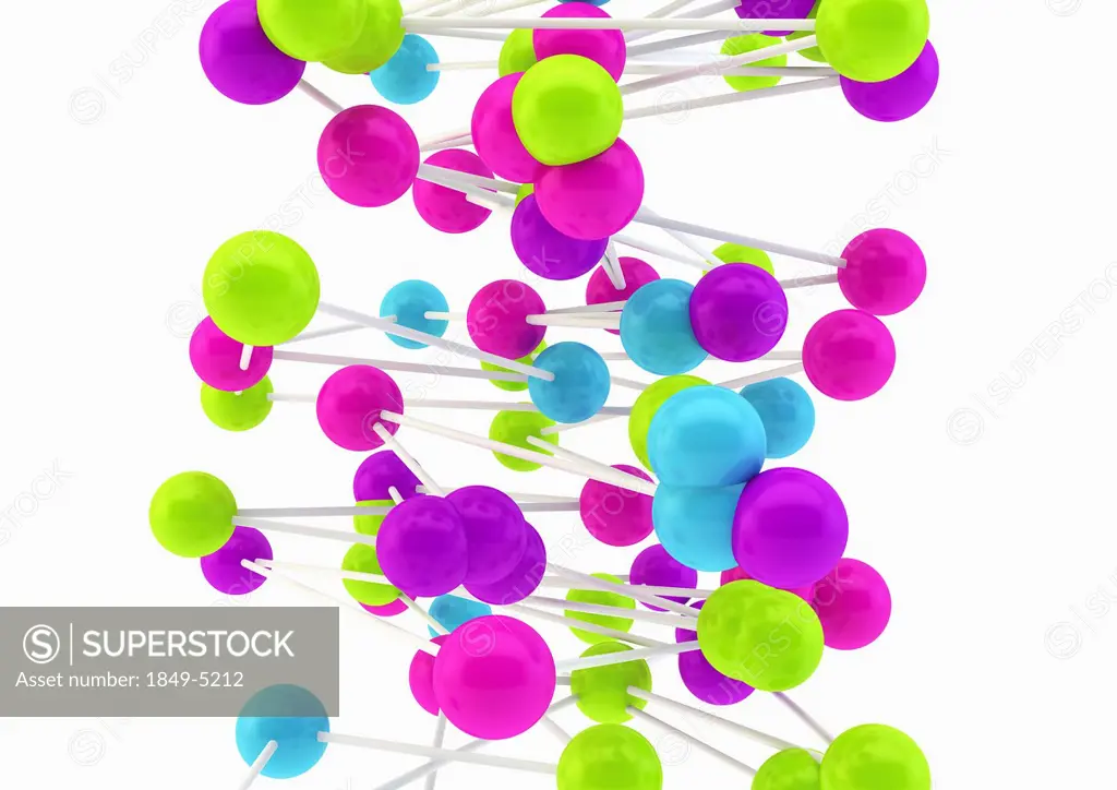 Close up of connected multicolored balls on white background