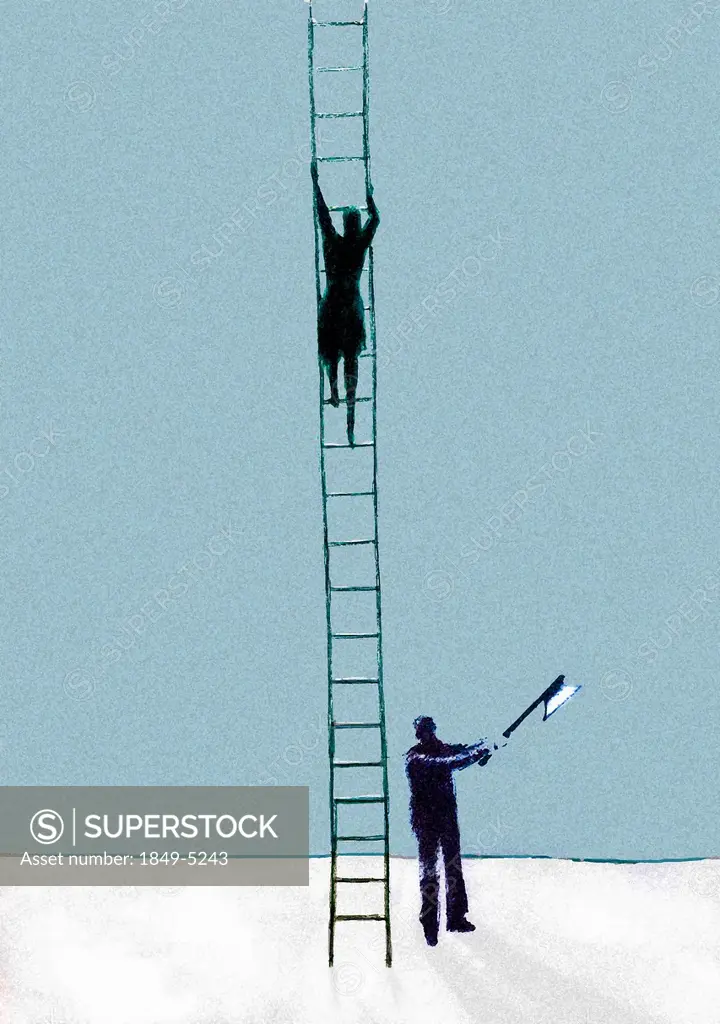 Businessman with axe chopping ladder businesswoman is climbing