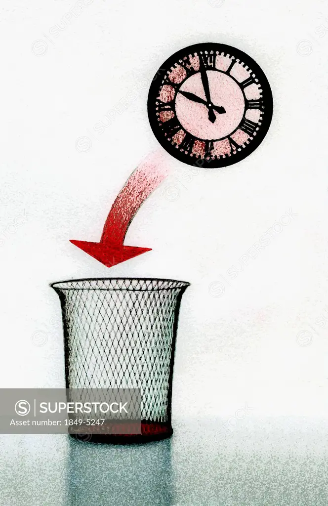 Arrow between clock and wastepaper basket