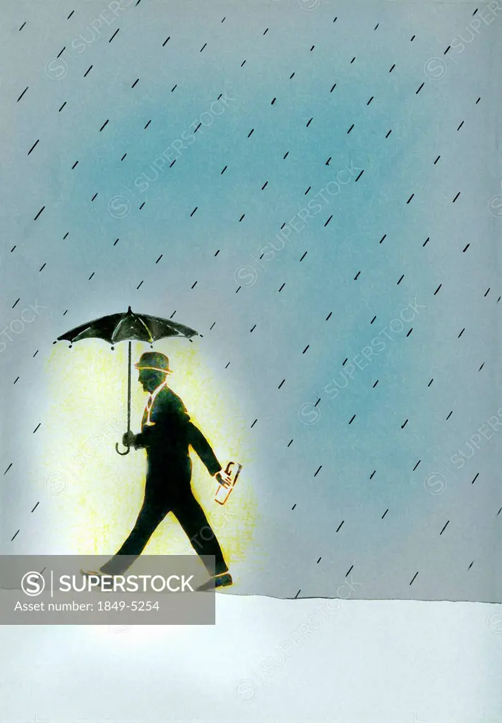 Glowing businessman walking in rain with umbrella