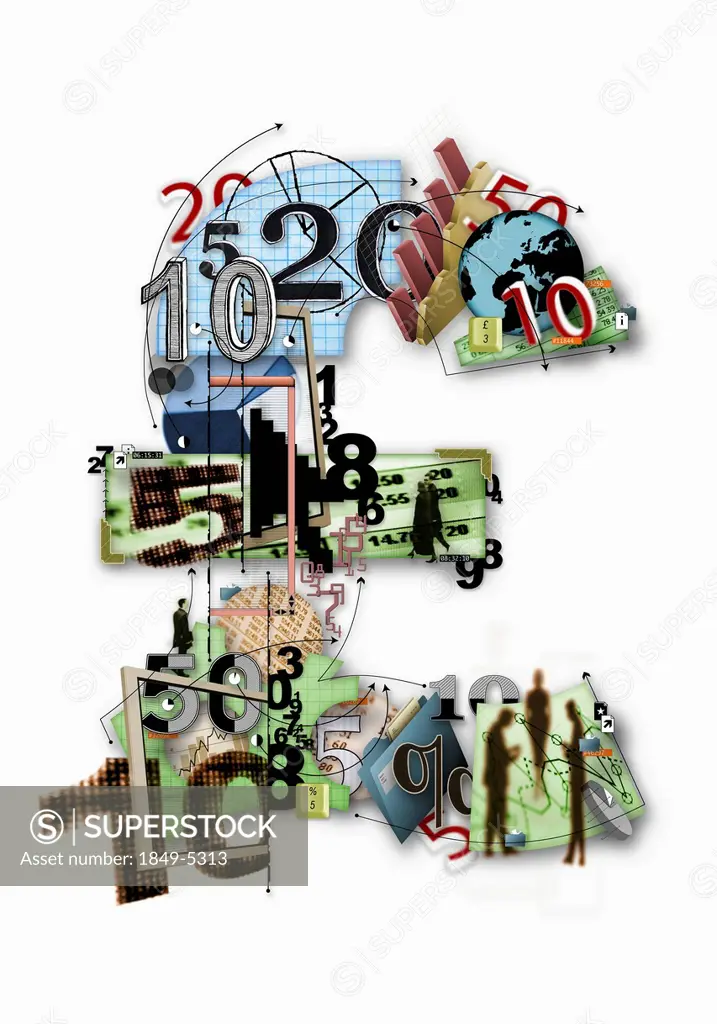 Collage of numbers and finance images forming british pound sign