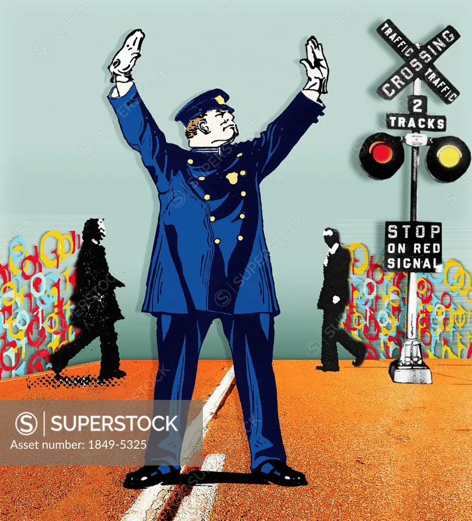 Policeman stopping traffic at railroad crossing for businessmen