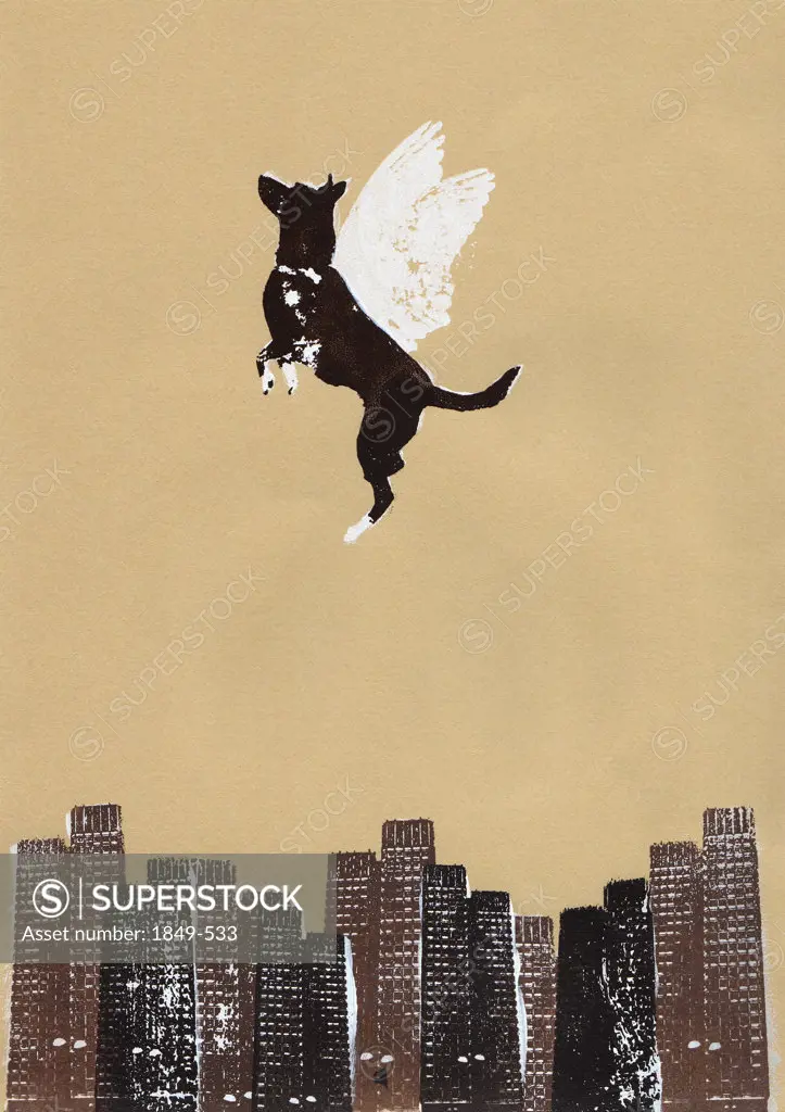 Winged dog flying above city