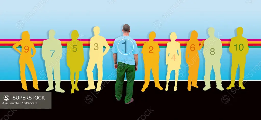 Man with number 1 on back standing out from the crowd