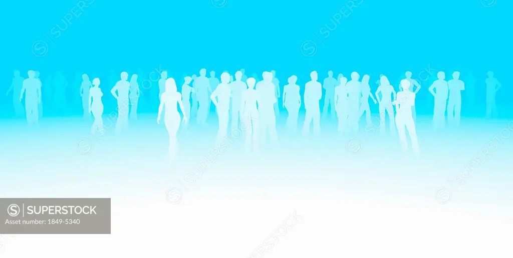 Silhouette of crowd of people on blue background
