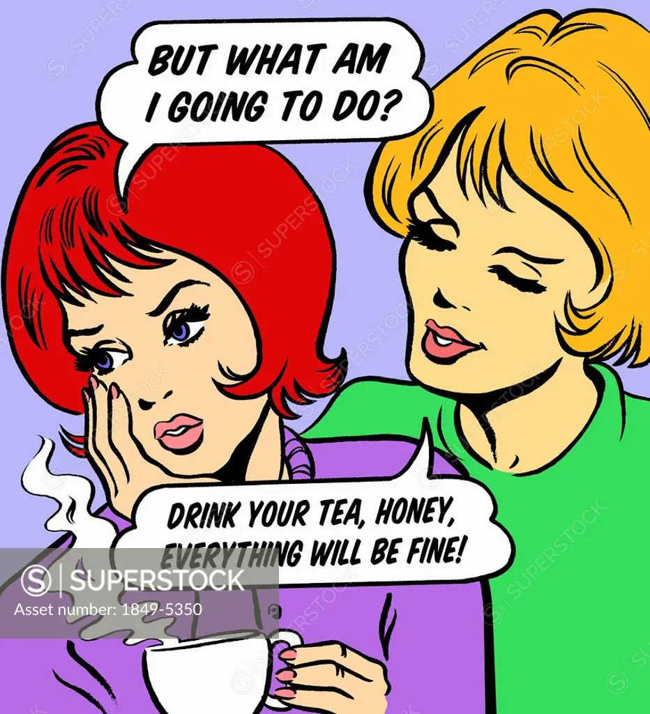 Woman consoling worried friend with tea