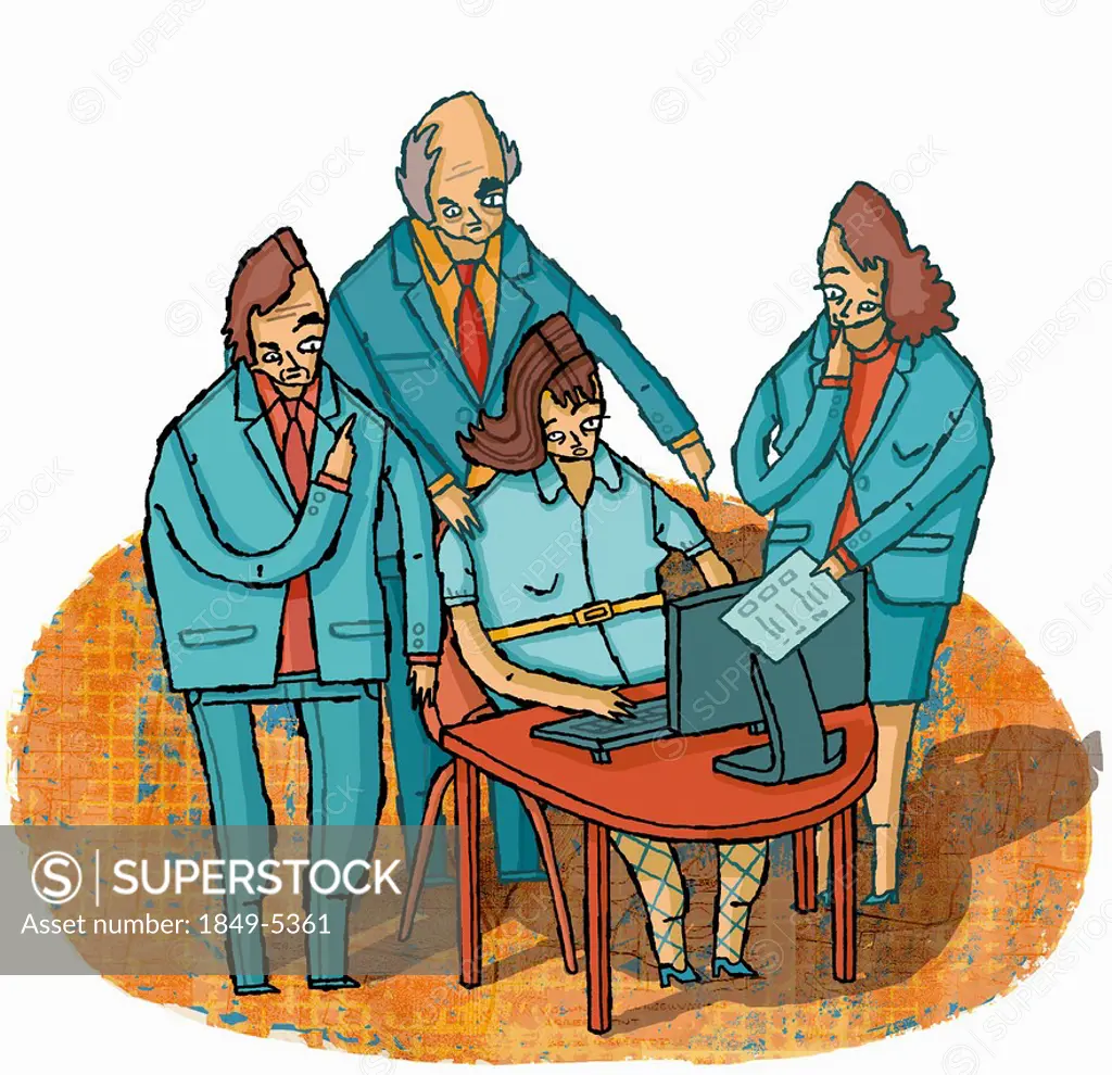 Managers giving instructions to overworked businesswoman at computer