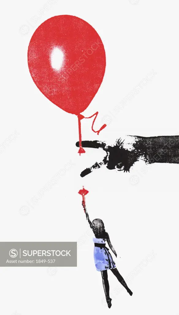 Man preventing woman from floating with balloon