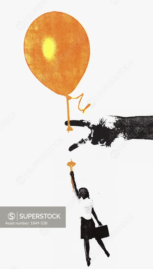 Man preventing woman from floating with balloon