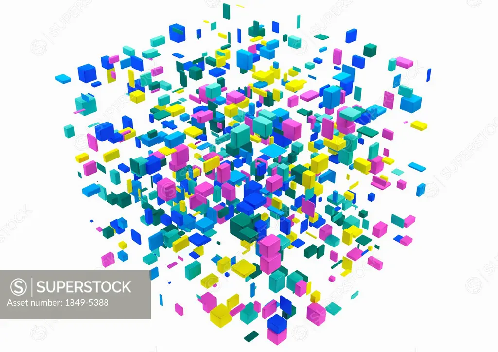 Cluster of small multicolored floating blocks in large cube shape on white background