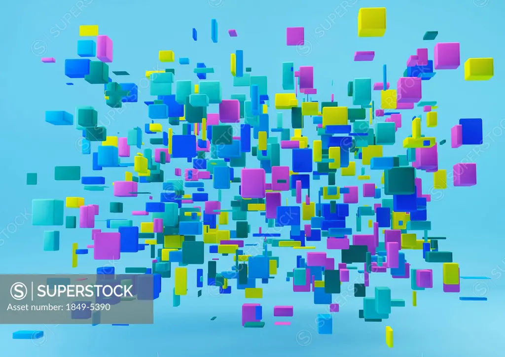 Abstract cluster of multicolored cubes on blue background