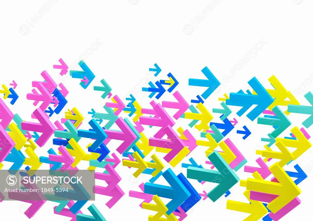 Cluster of multicolored arrows on white background