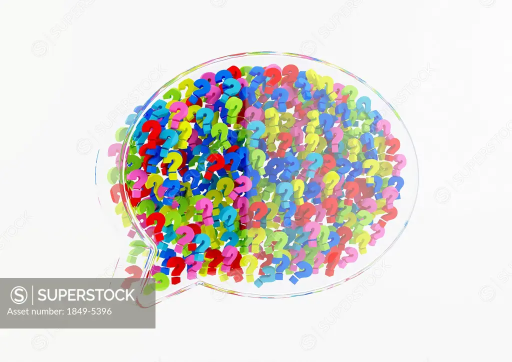 Cluster of multicolored question marks in transparent 3d speech bubble on white background