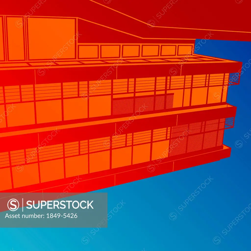 Abstract red building on blue background