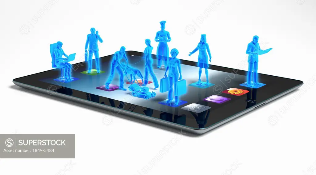 Blue business people standing on digital tablet apps