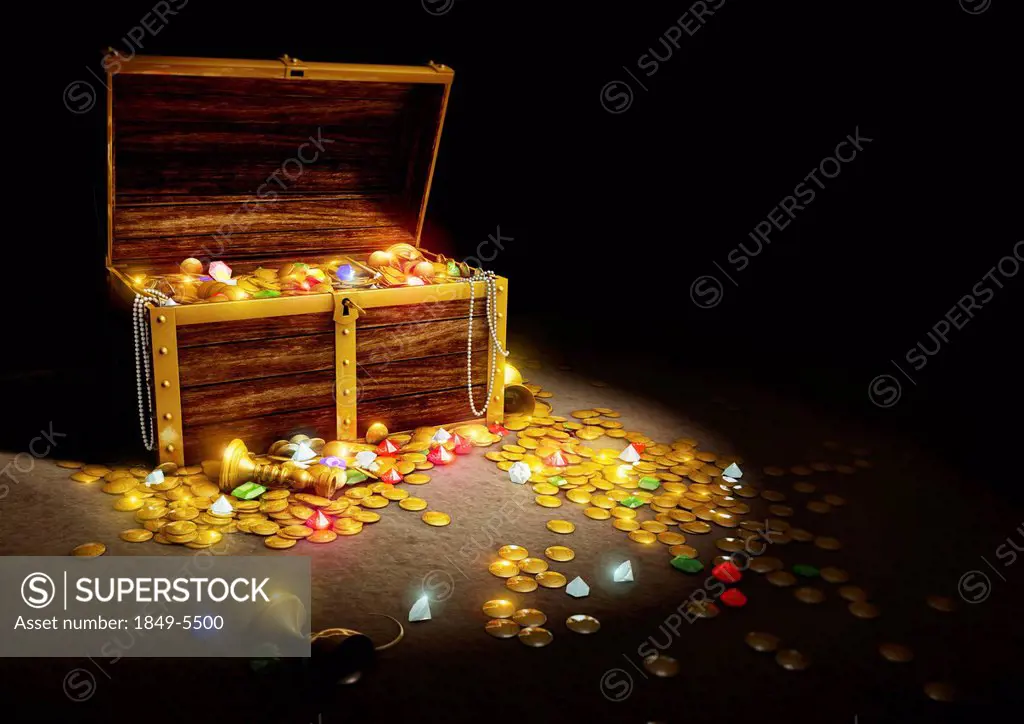 Gold coins and jewels spilling from treasure chest