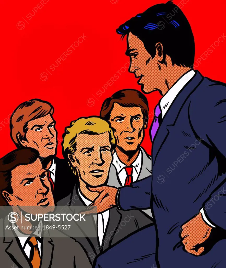 Manager speaking to unhappy businessmen