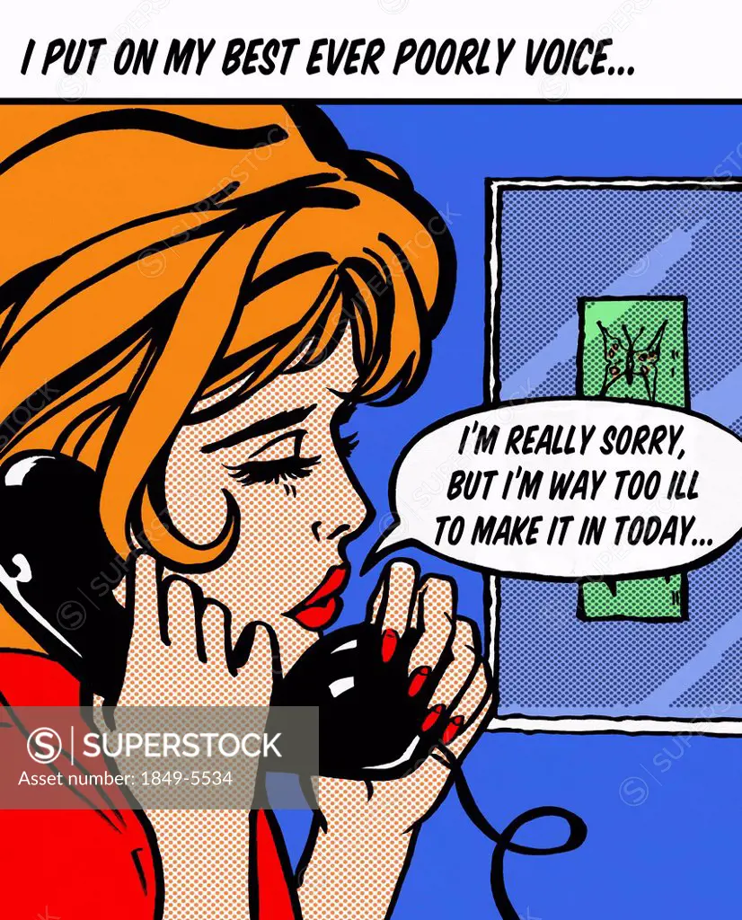 Close up of woman on telephone calling work with speech bubble pretending to be sick