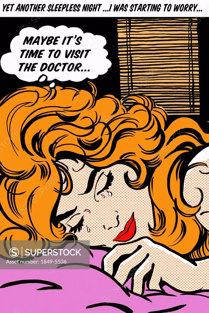 Close up of crying woman in bed thinking with thought bubble about calling doctor