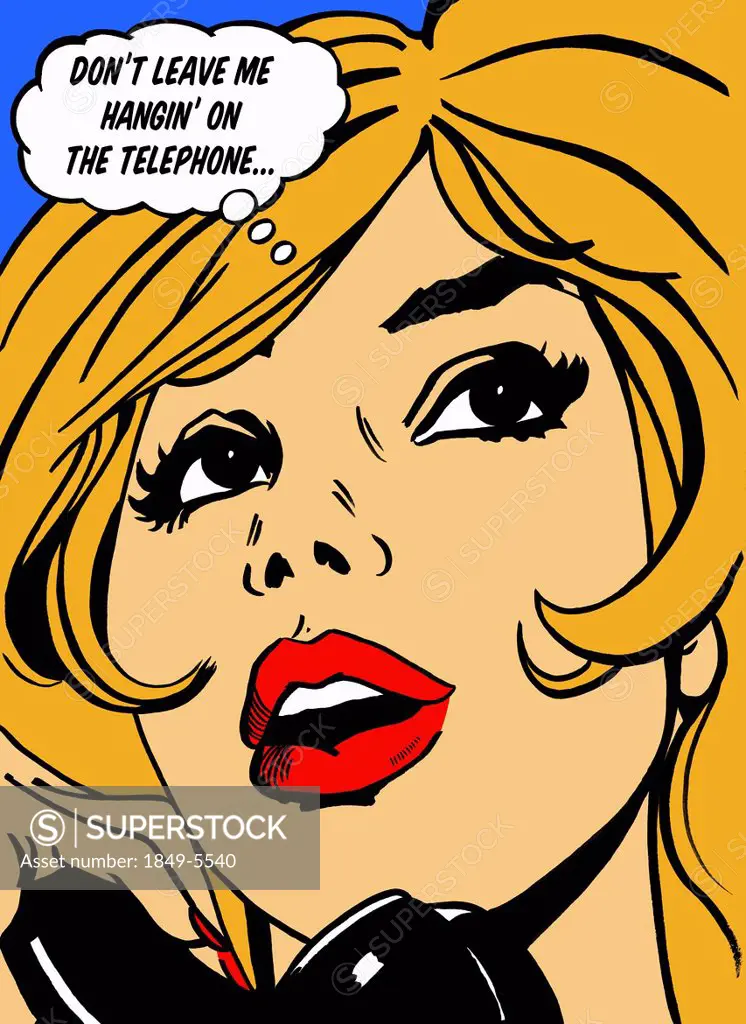 Close up of woman thinking in thought bubble about being left waiting on the telephone