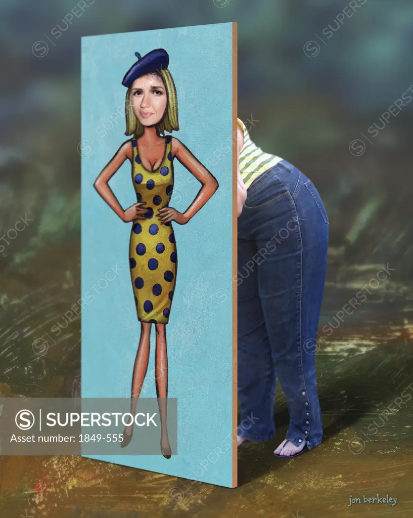 Fat woman hiding behind skinny woman poster