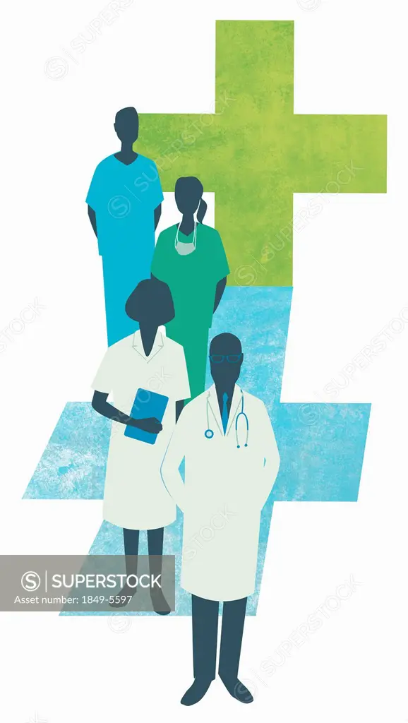 Portrait of doctors and nurses in front of blue and green crosses