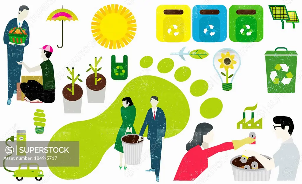 Montage of eco-friendly symbols and business people caring about carbon footprint