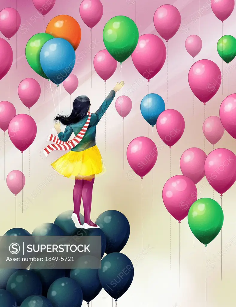 Girl on black balloons reaching for multicolor balloons in sky