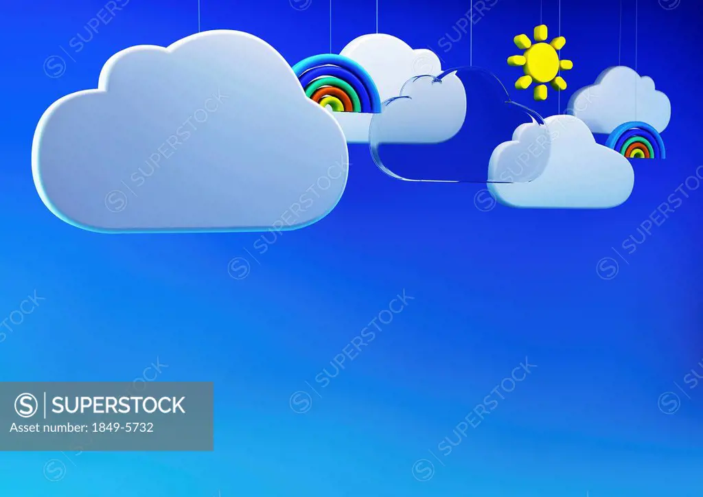 Clouds, rainbows and sun dangling from strings in blue sky