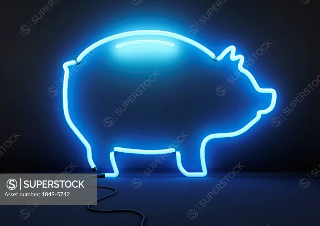 Neon blue piggy bank on black background