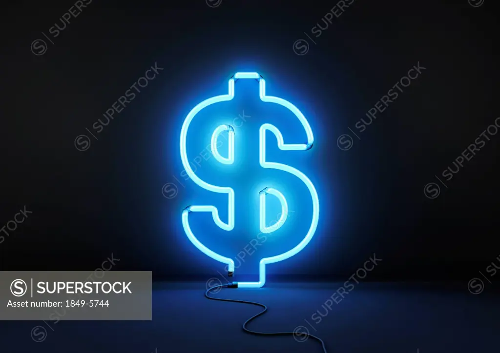 Neon blue dollar sign on black background