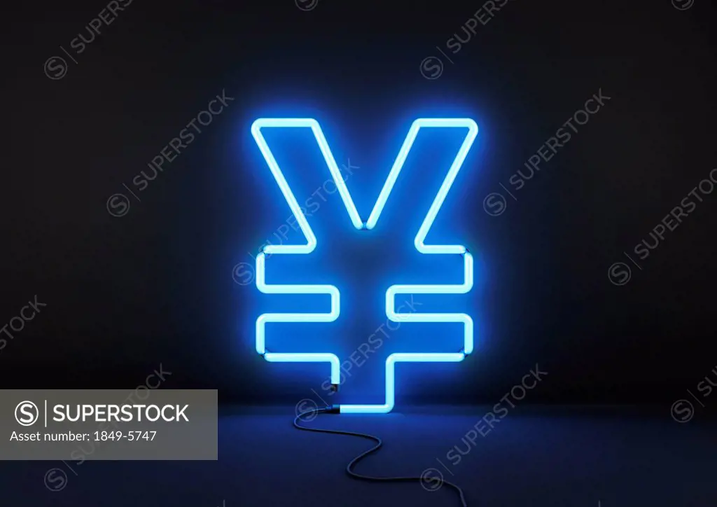 Neon blue yen sign on black background