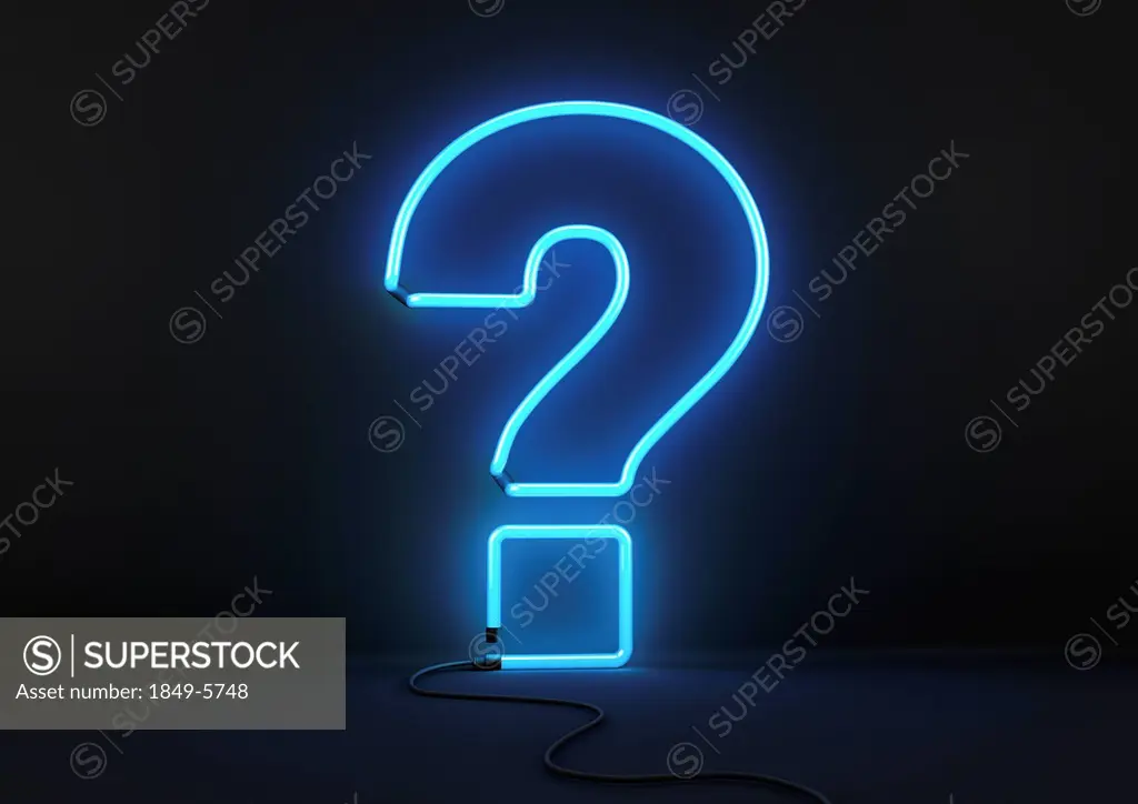 Neon blue question mark on black background