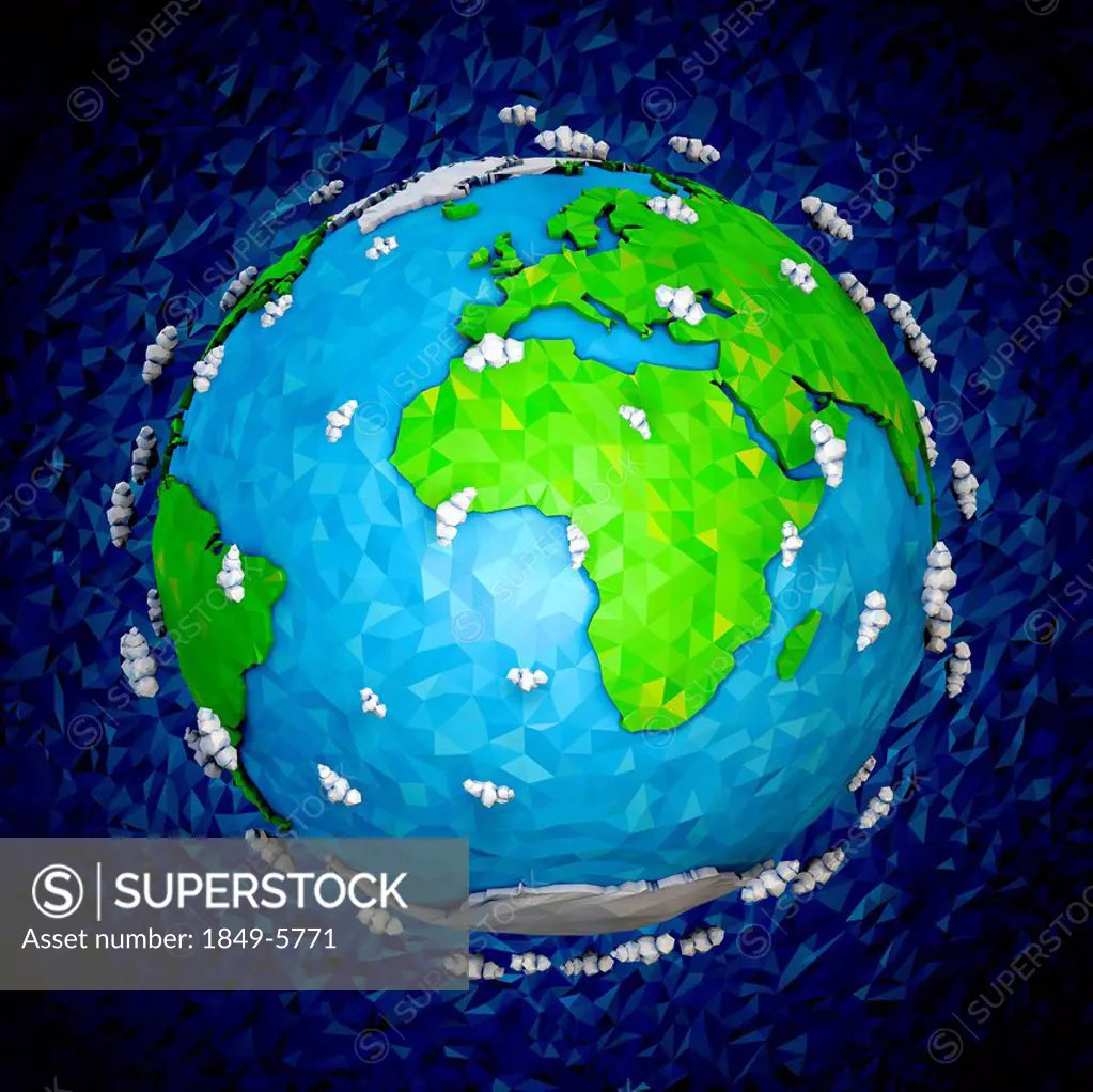 Small clouds around low poly globe focused on Africa and Europe